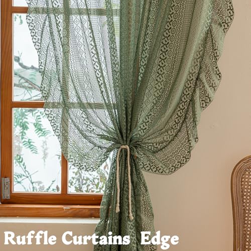 Sutuo Home Boho Lace Curtains 2 Panels 50x96 Olive Green - Vintage French Country Sheer Rod Pocket