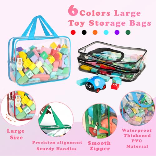 6 Pack Clear Toy Storage Bags with Labels - Large Waterproof Zipper Pouches