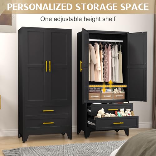 71" Metal Wardrobe Cabinet with 2 Drawers, Adjustable Shelf & Hanging Rod