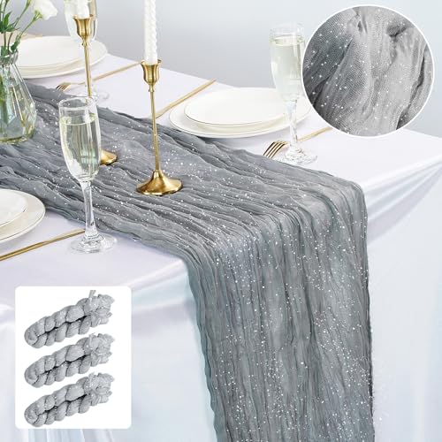 3PCS Silver Gray Spring Cheesecloth Table Runner Boho Rustic 10FT for Wedding Party Home Decor