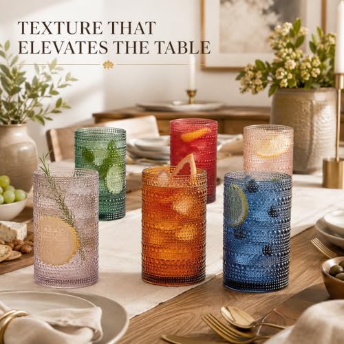 Khen Multicolor 6-Pack 14oz Shatterproof Acrylic Highball Glasses Set with Hobnail Beaded Design