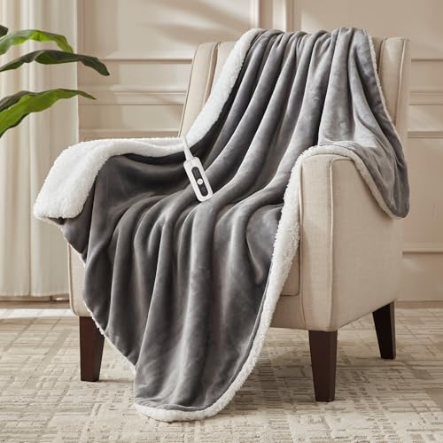 Electric Heated Blanket Throw, Soft Flannel & Sherpa, 50" x 60"