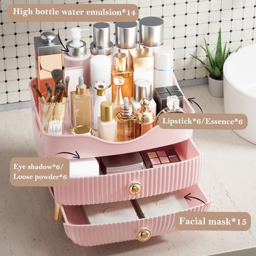 Pink Makeup Organizer with Drawers & Top Compartment - Large Capacity Vanity Storage