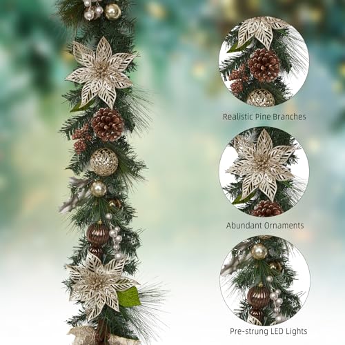 6 ft Gold & Brown Christmas Garland with Lights - Battery Operated, Indoor/Outdoor