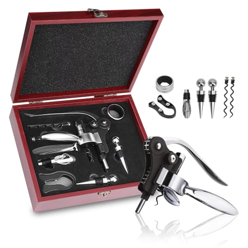 8-Piece Wine Bottle Opener Gift Set with Wooden Case - Corkscrew & Accessories