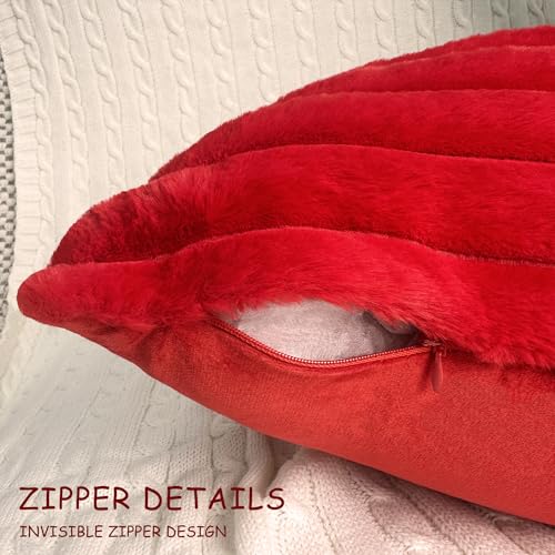 Faux Fur Velvet Throw Pillow Covers 18x18 - Set of 2 Soft Red Cushion Cases