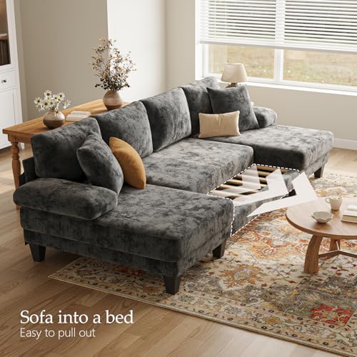 112-Inch U-Shaped Sleeper Sofa with Pull-Out Bed - Dark Grey Chenille