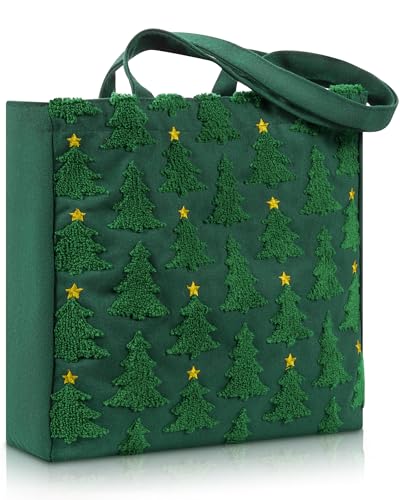 Christmas Embroidery Tote Bag with Green Xmas Tree Pattern, Reusable Canvas Bag