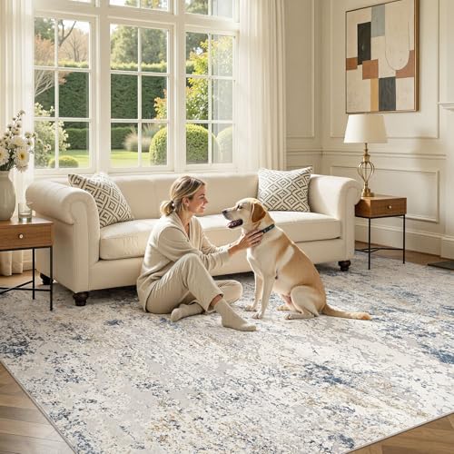 8x10 Washable Abstract Area Rug, Neutral Beige and Blue Non-Slip Carpet