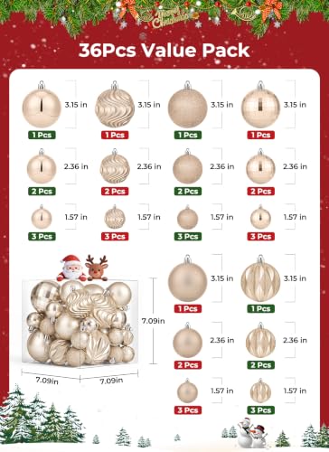 Brightown Champagne Gold Shatterproof Christmas Ornaments Set - 36 pcs, 6 Designs, 3 Sizes
