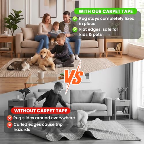 Heavy Duty Double Sided Rug Tape - 2 Inch x 60 Feet Anti-Slip Adhesive