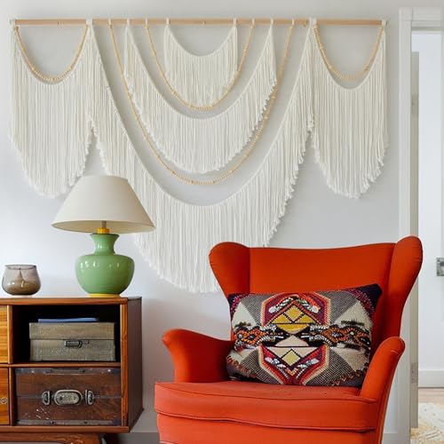 White Macrame Wall Hanging Boho Yarn Art with Beads - 57 x 35 Inches