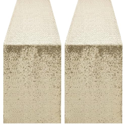 Pufogu Champagne Sequin Table Runner 12x72 Inches - 2 Pack