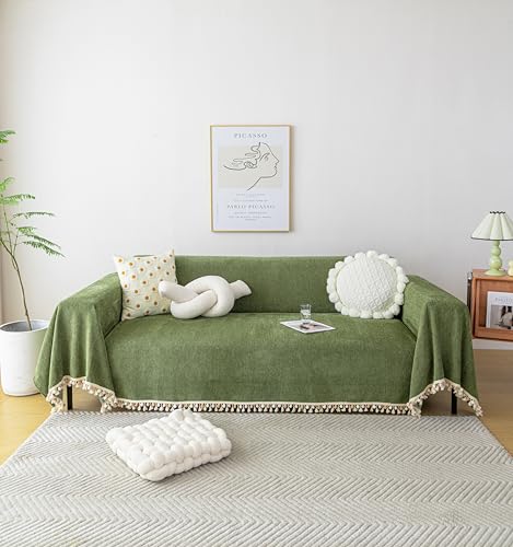 Chenille Green Sofa Cover - Soft, Vintage Couch Protector 71"x118"