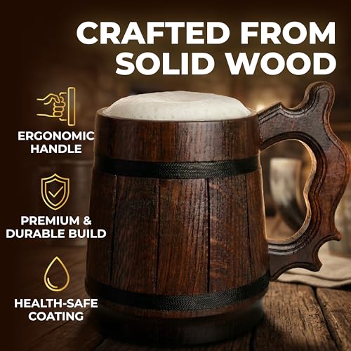 Retro Brown 20 OZ Wooden Beer Mug - Handmade Stainless Steel Tankard for Men, Gifts for Fathers Day, Christmas, Birthday