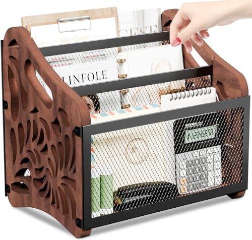 3-Compartment Wood and Metal Magazine Rack Floor Organizer with Handles