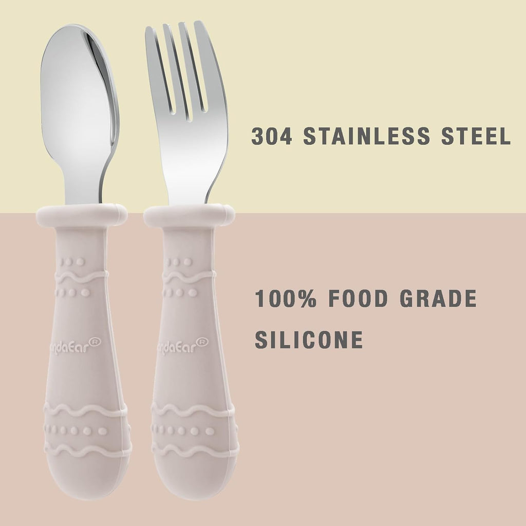PandaEar Toddler Utensils Set - 6 Pack Stainless Steel & Silicone Spoons and Forks | Dishwasher Safe (Light Tan/Walnut/Blue)