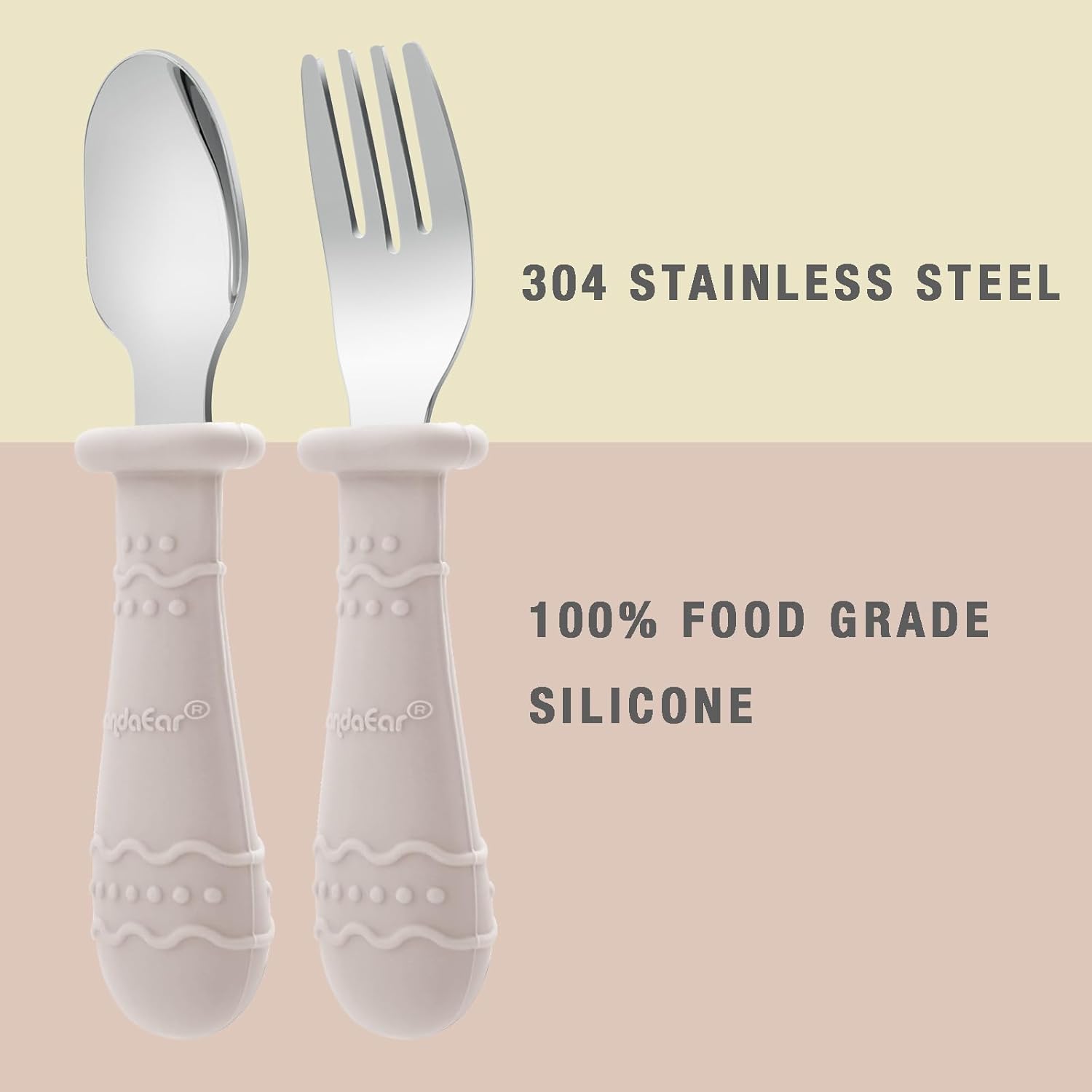 PandaEar Toddler Utensils Set - 6 Pack Stainless Steel & Silicone Spoons and Forks | Dishwasher Safe (Light Tan/Walnut/Blue)