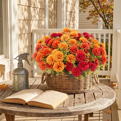 12 Pack Outdoor Artificial Fall Flowers - UV Resistant Fake Chrysanthemums