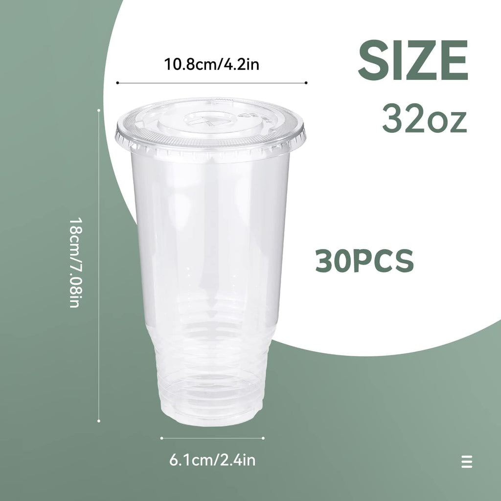Prgery 32 OZ Plastic Cups with Lids, Iced Coffee Cups with Lids, Clear Plastic Cups for Camping Party and Picnics, Suitable for Most Car Cupholder [30 Set]