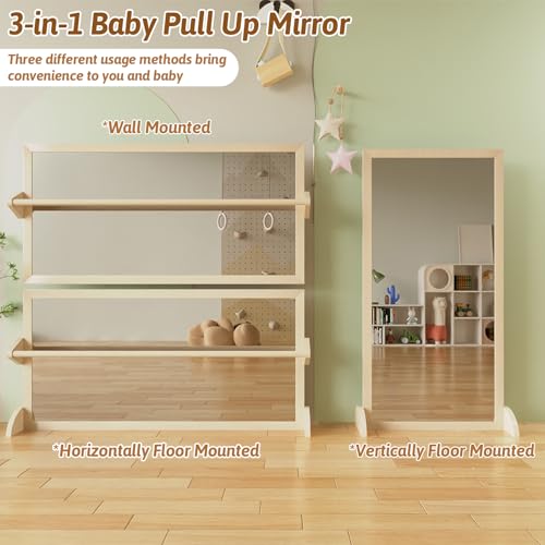 3-in-1 Montessori Baby Mirror with Pull-Up Bar for Standing & Tummy Time
