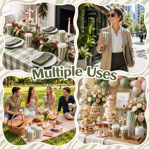 Newtay 16 oz Sage Green Striped Paper Cups with Lids & Sleeves – 60 Pack