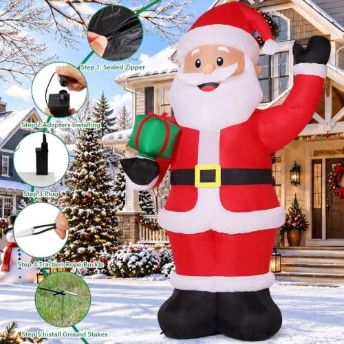 8FT Santa Inflatable Christmas Decor with Rotating Gift & Lights
