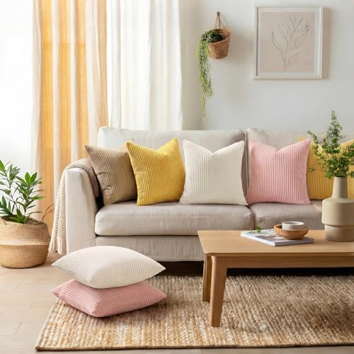 Corduroy Throw Pillow Covers 18x18 Cream White - Set of 2 Soft Striped Cases