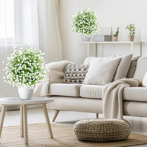 2-Pack UV Resistant Artificial White Flower Bushes with Ground Stakes
