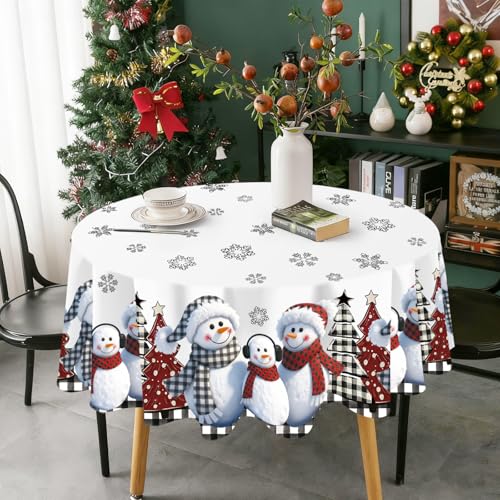 QIALETS 60-Inch Round Snowman Christmas Tablecloth Water-Resistant Holiday Decor