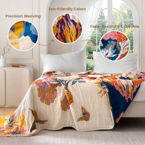 Boho 100% Cotton Throw Blanket - Soft Lightweight Woven Quilt for Couch & Bed