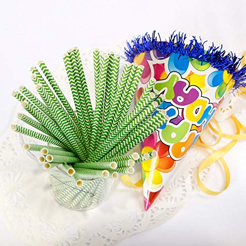 Webake Green Chevron Paper Straws 100ct 7.75in Biodegradable, Disposable, Wave Pattern