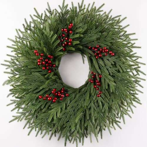 26IN Norfolk Pine Christmas Wreath with Red Berries for Front Door Decor