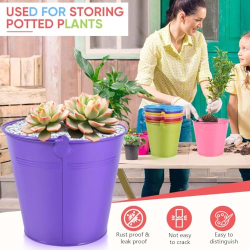 Galvanized Metal Buckets with Handles, 7 Pack Small Colorful Pails