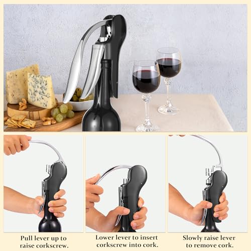 QONYFONE Black Vertical Lever Wine Corkscrew Set - 5-Piece with Foil Cutter & Stopper