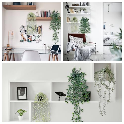 2-Pack Artificial Hanging Plants with Pots, Eucalyptus and Mandala Leaves