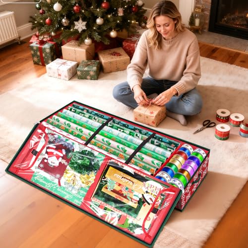 Underbed Wrapping Paper Storage Organizer with Dividers and Pockets