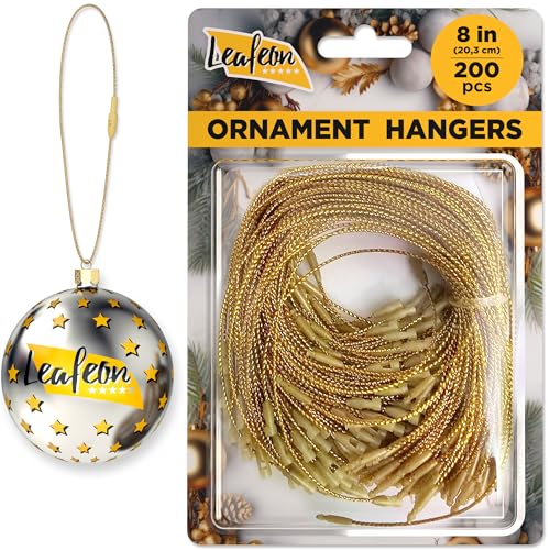 Gold Christmas Ornament Hooks with Snap - 200 Pack Precut String Hangers