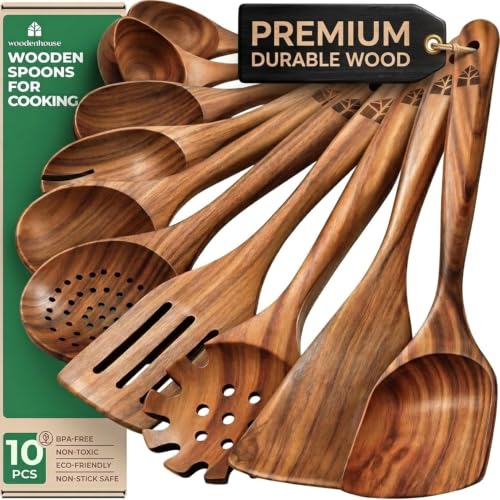 10-Piece Teak Wooden Spoons & Cooking Utensil Set for Nonstick Pans
