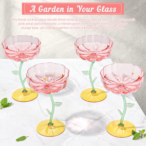 24 Pcs Pink Floral Coupe Glasses, 7oz Detachable Plastic Cocktail Glasses