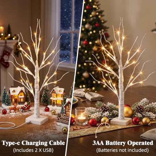 2FT Lighted Birch Tree Lamp with Warm White LED Lights & Timer (2 Pack)