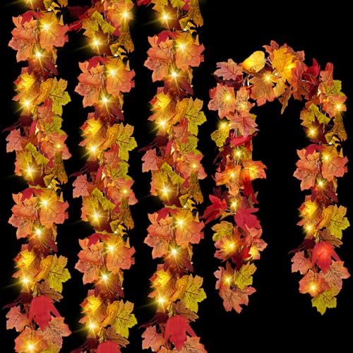 4-Pack Fall Leaf Garland with LED String Lights - Artificial Maple Leaves