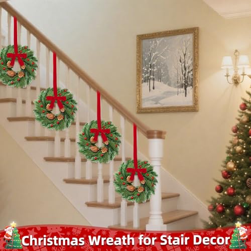 AMENON 4 Pcs Mini Christmas Wreaths for Kitchen Cabinets, Holiday Decor
