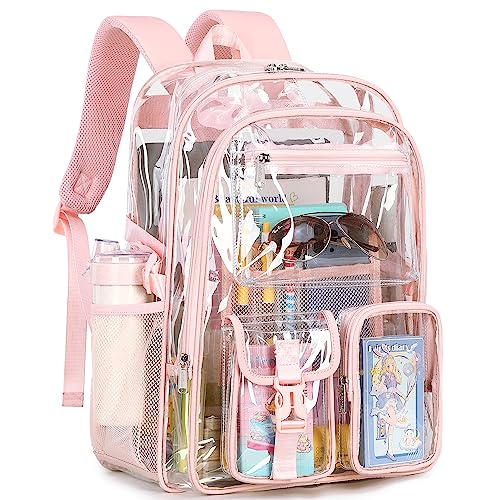 Large Clear Backpack for School & Events - Heavy Duty Transparent Bookbag (Pink)