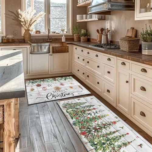 Twyt Decor Christmas Tree Holly Kitchen Rugs Set of 2 - 17x47 & 17x30 Non-Slip, Wood Grain Winter Decor (Variation: Christmas Tree)
