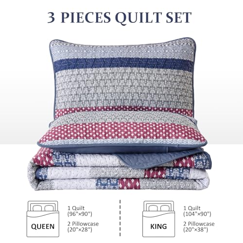 Boho Patchwork Quilt King Size Set - 3 Piece Microfiber Coverlet Bedspread