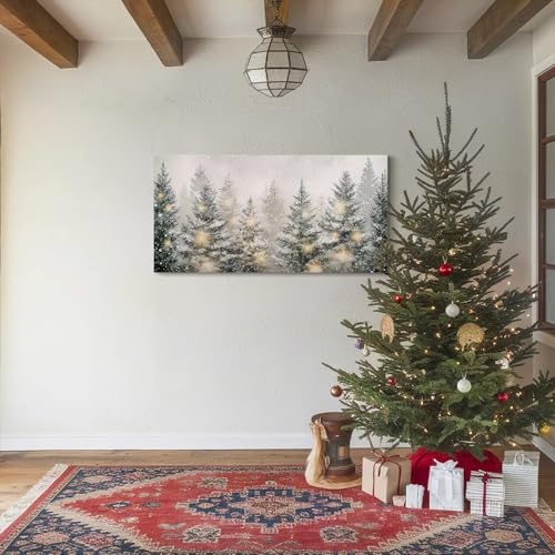Neutral Winter Pine Tree Wall Art Sign - Framed Canvas Decor for Bedroom & Home - 40x20 Inches - Variation: Winter Tree / 40"L x 20"W