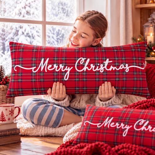 Christmas Tartan Body Pillow Cover 20x54 Inches with Zipper - Red Plaid - Variation of THIS listing