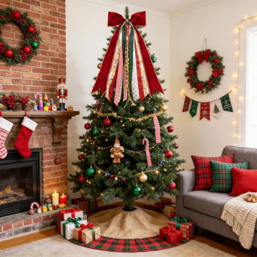 OXWIND Red Velvet Christmas Bow – 11in Wide, 28in Bow Head + 65cm Streamers, Wreath & Tree Decor Bundle (Christmas Ribbon with Bows)