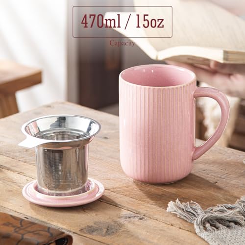 Yundu Flambe Pink Ceramic Tea Cup with Infuser & Lid 15.5oz/470ml